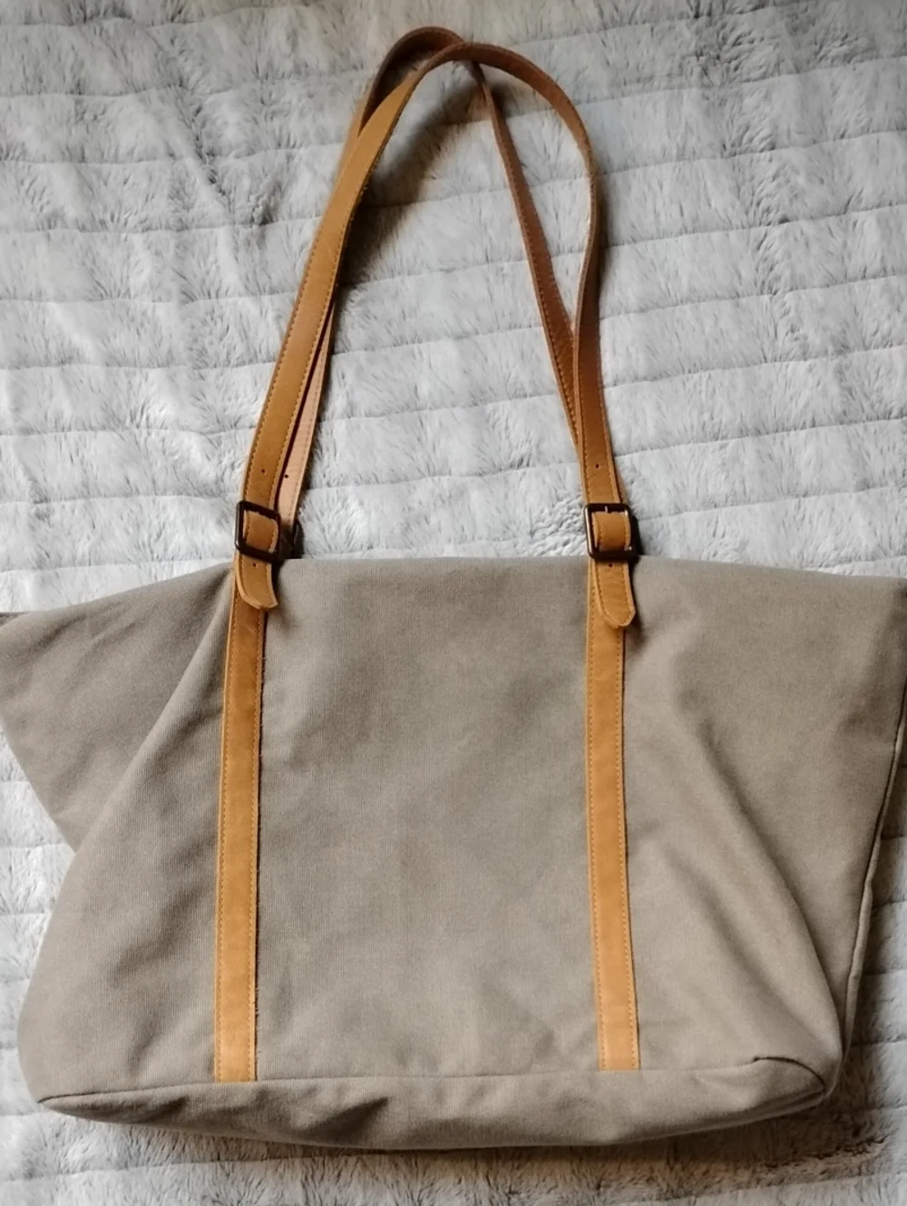 Canvas Tote Bag with Tan Leather Straps - Unisex